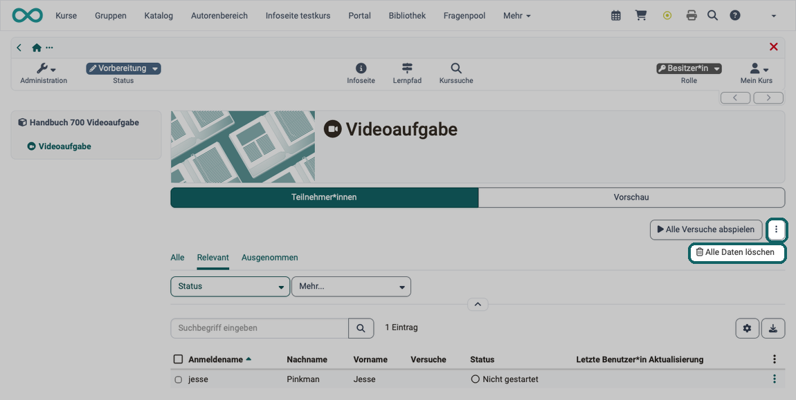 Tab Teilnehmer:innen der Betreuer:innen-Ansicht einer Videoaufgabe · 2026.10.07 Menü mit drei Punkten neben dem Button Alle Versuche abspielen geöffnet, Eintrag Alle Daten löschen markiert