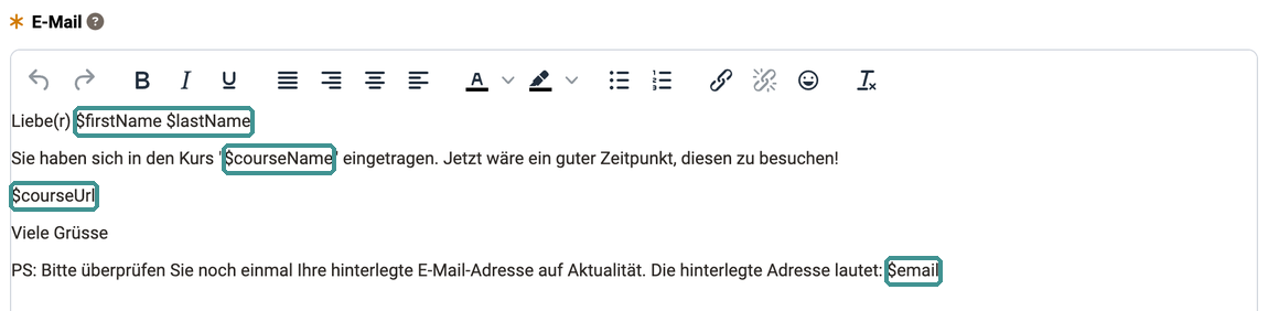 Markierte Variablen $firstName, $lastName, $courseName, $courseUrl und $email in einem Beispieltext, Feld E-Mail im Schritt E-Mail-Benachrichtigung der Erinnerung