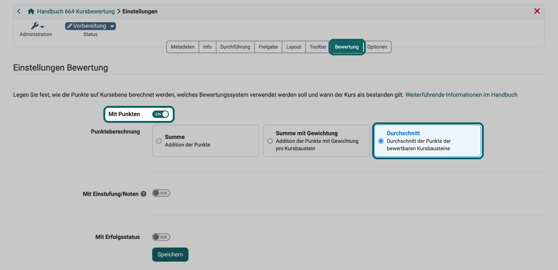Ausgewählte Option Durchschnitt unter Punkteberechnung bei eingeschaltetem Schalter Mit Punkten