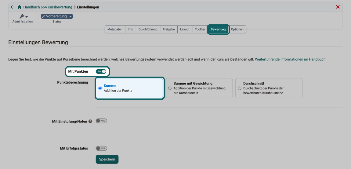 Ausgewählte Option Summe unter Punkteberechnung bei eingeschaltetem Schalter Mit Punkten