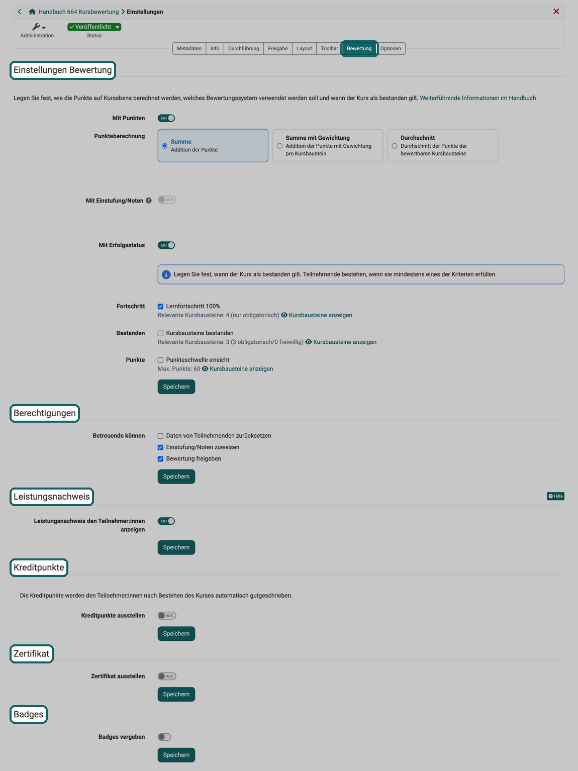 Tab Bewertung mit sechs hervorgehobenen Abschnittstiteln von Einstellungen Bewertung bis Badges, mit Punkten, Erfolgsstatus und eingeschaltetem Leistungsnachweis