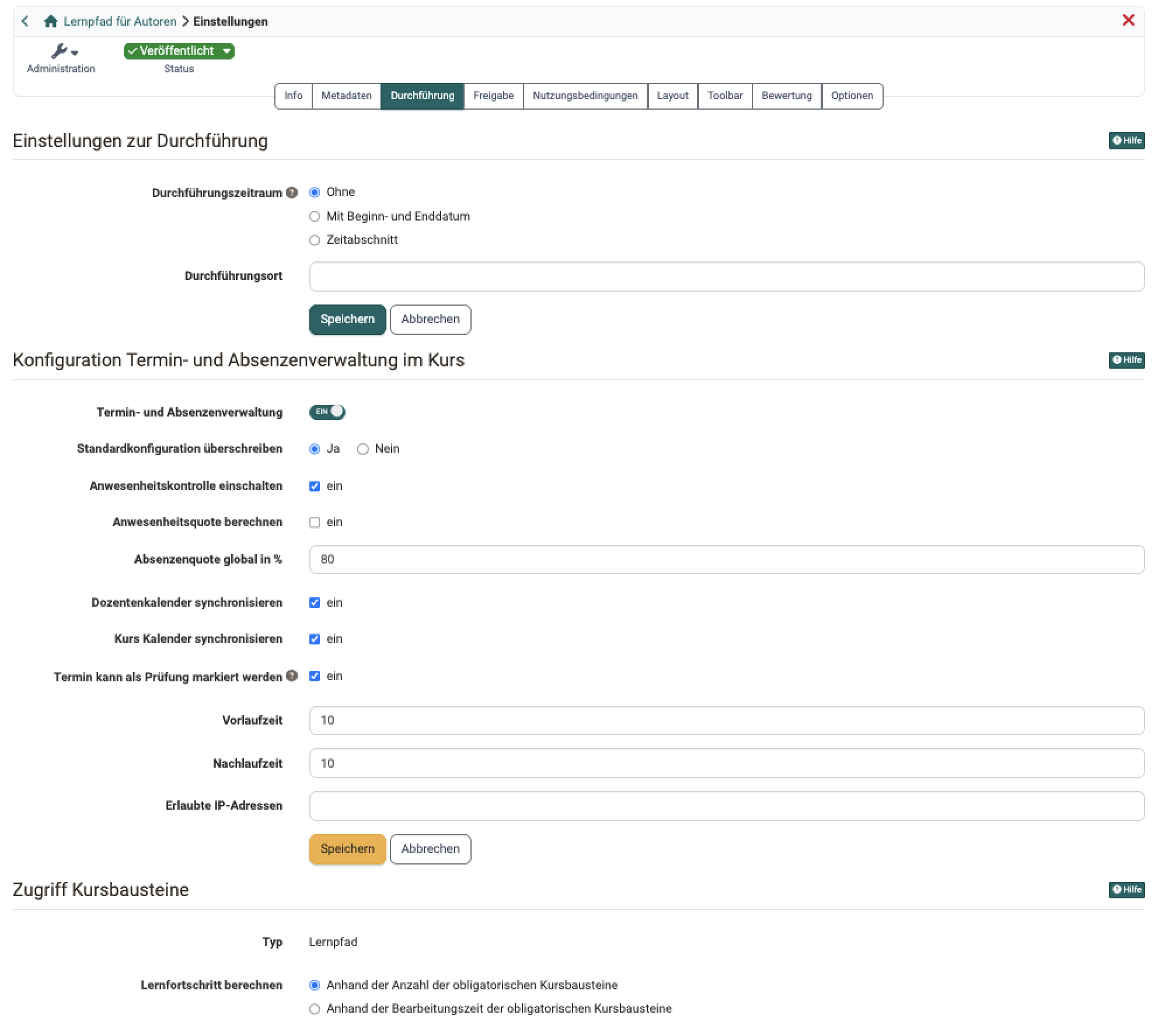 Alle Einstellungen des Tabs untereinander, von Durchführungszeitraum bis Lernfortschritt. Tab Durchführung im Menü Einstellungen eines Kurses.