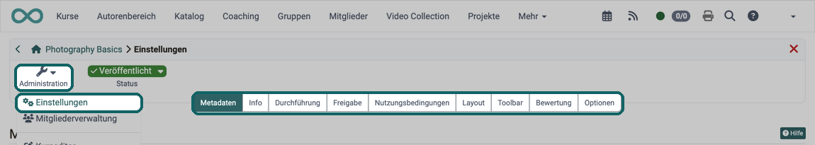 Kurseinstellungen über den Eintrag Einstellungen im Menü Administration geöffnet, mit einem Tab je Einstellungsbereich
