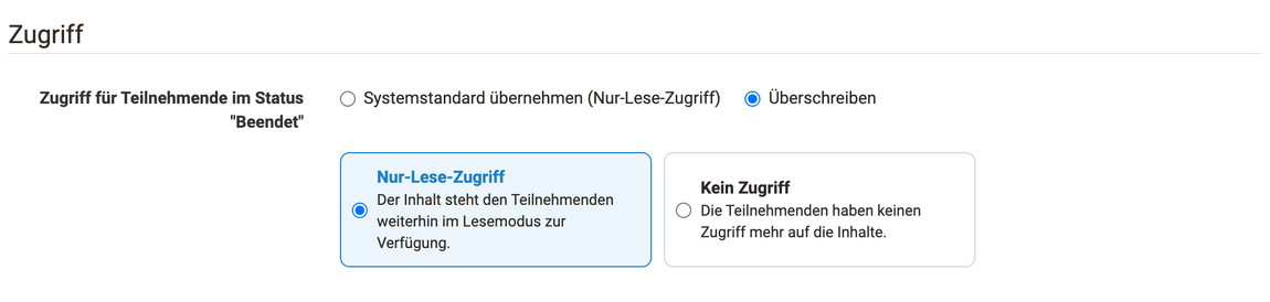 Abschnitt Zugriff im Tab Optionen mit gewählter Option Überschreiben und den beiden Auswahlkarten Nur-Lese-Zugriff und Kein Zugriff