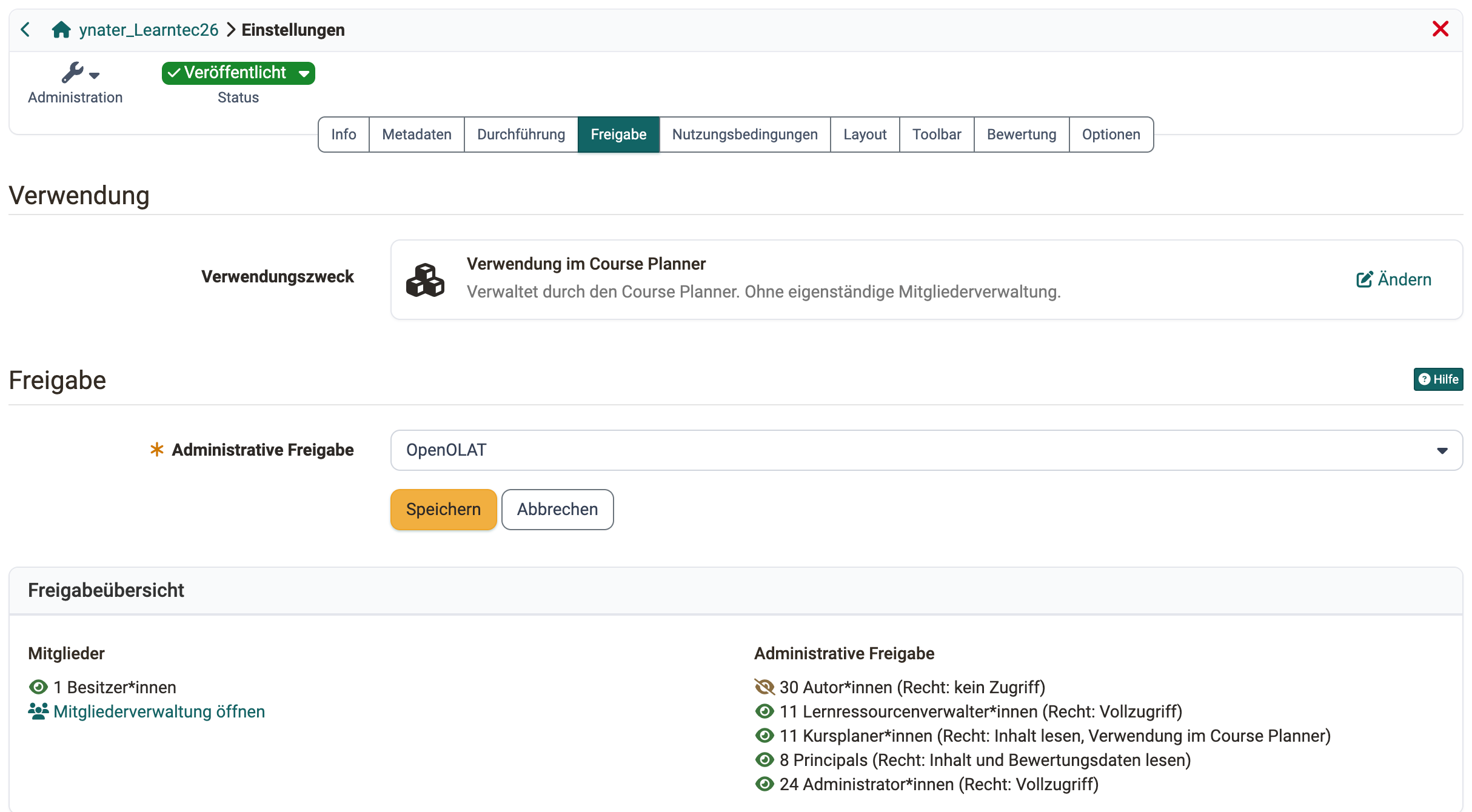 Bei Verwendung im Course Planner bleibt von der Freigabe nur die Administrative Freigabe, und die Freigabeübersicht zählt allein die Besitzer:innen