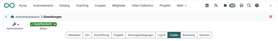 Tab "Toolbar" aktiv, an siebter Stelle der Tab-Leiste