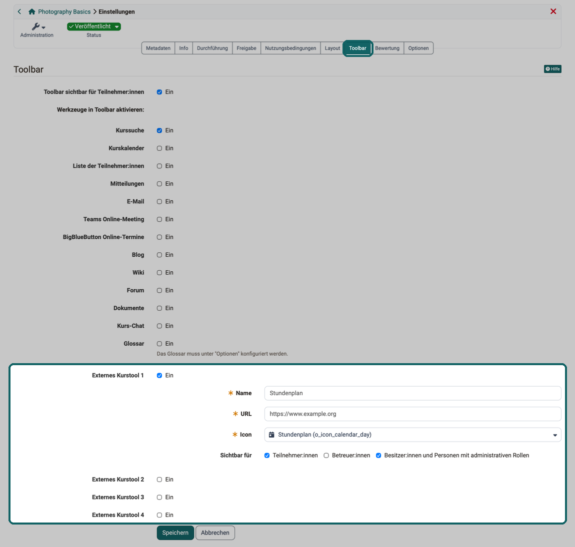 Tab Toolbar und Zeilen Externes Kurstool 1 bis 4 markiert, Kurstool 1 eingeschaltet mit ausgefülltem Name, URL, Icon und Sichtbar für