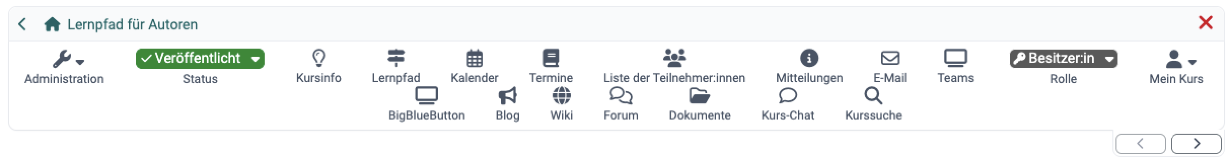 Administration, Status, Rolle und Mein Kurs rahmen die aktivierten Werkzeuge ein, die mit Symbol und Beschriftung erscheinen und auf eine zweite Zeile umbrechen. Werkzeugleiste eines Kurses.