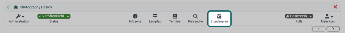 Externes Kurstool Stundenplan mit Kalender-Icon rechts neben der Kurssuche markiert