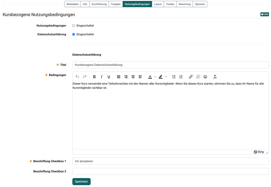 Nutzungsbedingungen und Datenschutzerklärung einzeln einschaltbar, je mit Titel, Bedingungen und bis zu zwei Checkbox-Beschriftungen