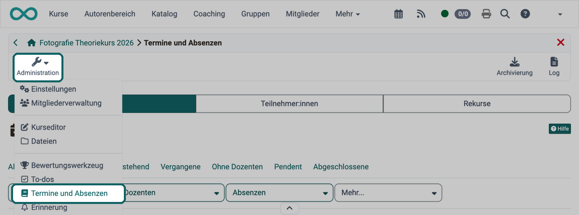 Menüeintrag "Termine und Absenzen" öffnet die Termin- und Absenzenverwaltung für Kursbesitzer:innen