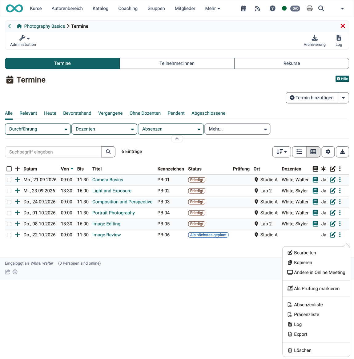 Das 3-Punkte-Menü eines geplanten Termins bietet Bearbeiten, Kopieren, Ändere in Online Meeting, Als Prüfung markieren, Absenzen- und Präsenzliste, Log, Export und Löschen