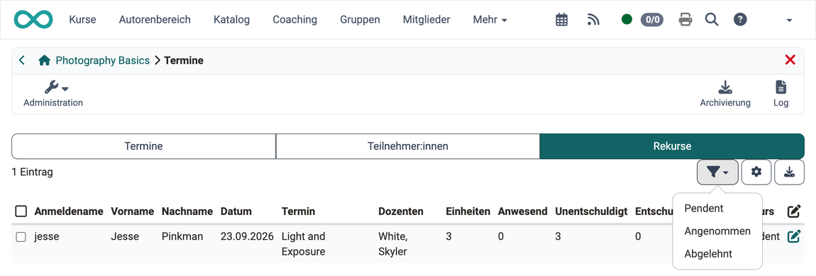 Der Tab "Rekurse" listet eingereichte Rekurse und bietet einen Filter nach Pendent, Angenommen und Abgelehnt