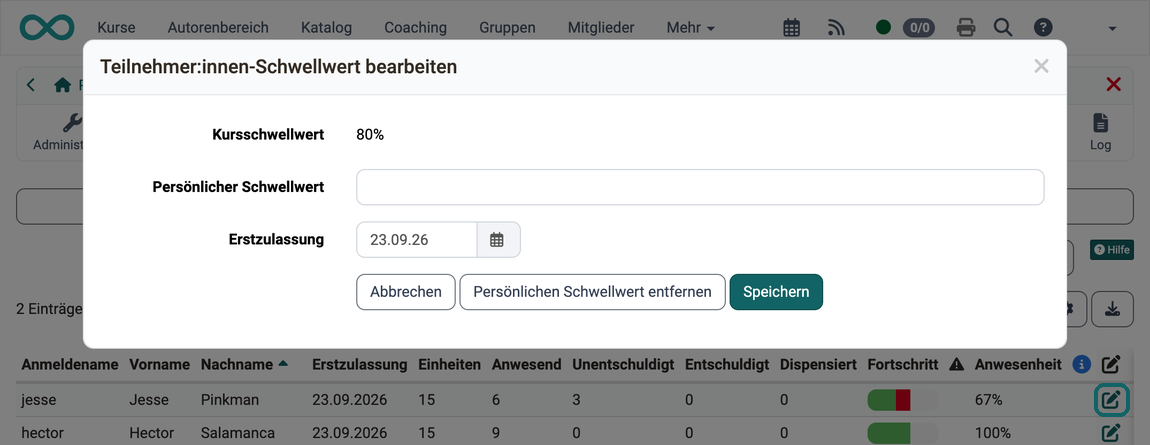 Im Dialog "Teilnehmer:innen-Schwellwert bearbeiten" werden der persönliche Schwellwert und die Erstzulassung einer Person angepasst; der Kursschwellwert wird angezeigt