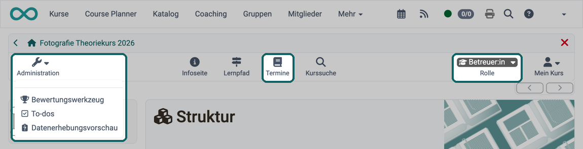 Betreuer:innen erreichen die Termine nur über das Toolbar-Icon "Termine"; das Menü Administration enthält für sie keinen Eintrag "Termine und Absenzen"