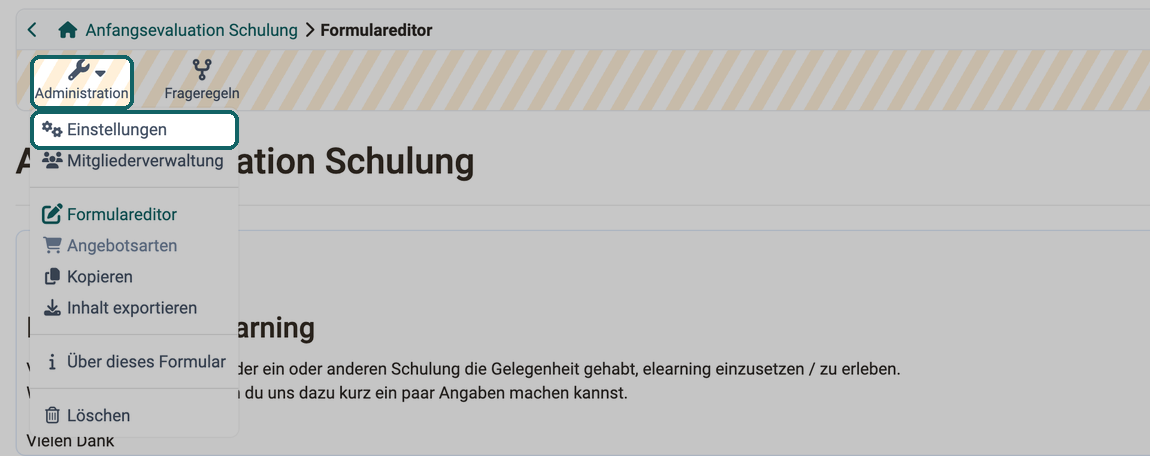 Menü Administration im Formulareditor · 2026.09.28 Menü Administration im Formulareditor aufgeklappt, der Eintrag Einstellungen markiert, darunter der Eintrag Formulareditor