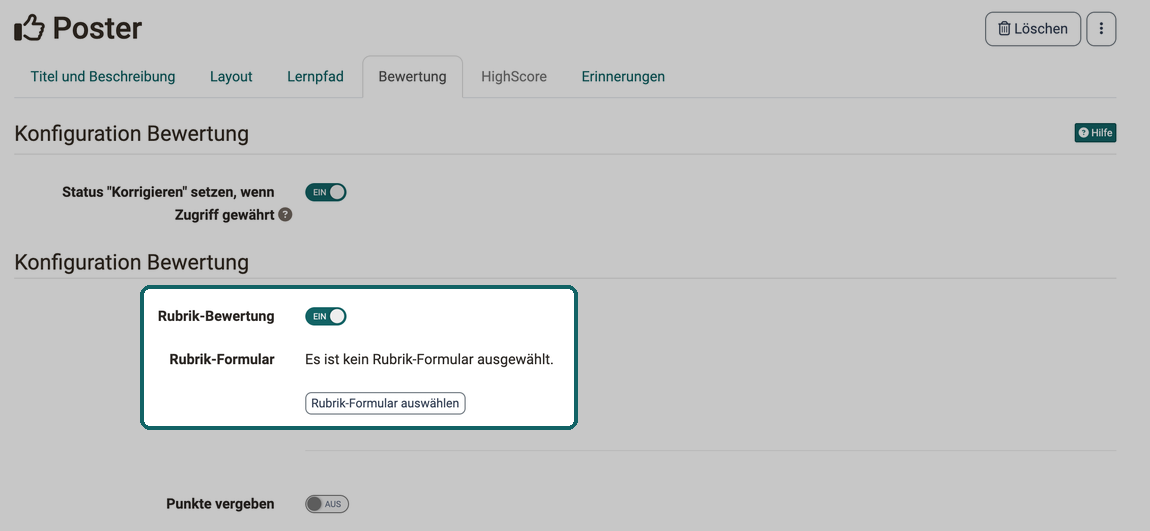 Tab Bewertung eines Kursbausteins Bewertung im Kurseditor · 2026.10.20 Schalter Rubrik-Bewertung eingeschaltet, darunter der Button Rubrik-Formular auswählen, solange noch kein Formular gewählt ist