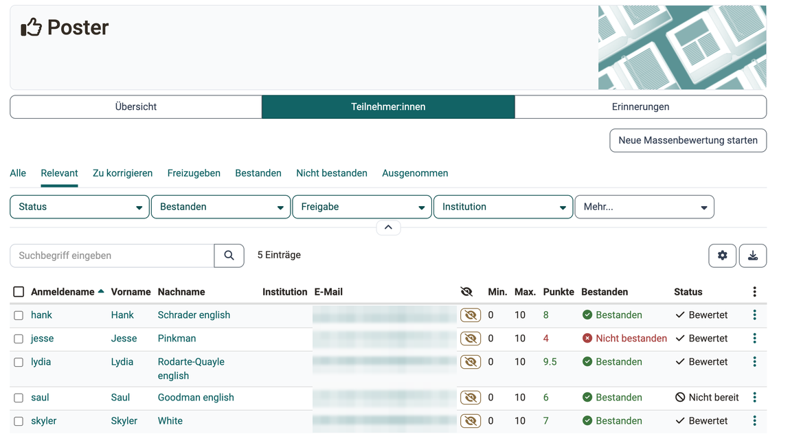 Tab Teilnehmer:innen eines Kursbausteins Bewertung im Kurs · 2026.10.20 Liste der Teilnehmenden mit Punkten, Bestanden und Status je Person, darüber die Tabs von Alle bis Ausgenommen und die Schaltfläche Neue Massenbewertung starten