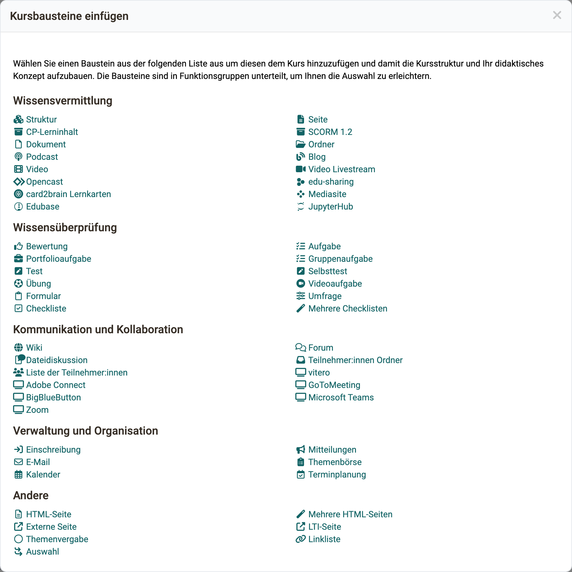 Dialog Kursbausteine einfügen im Kurseditor · 2026.10.21 Im Kurseditor wählen Sie den Kursbaustein aus den Gruppen Wissensvermittlung, Wissensüberprüfung, Kommunikation und Kollaboration, Verwaltung und Organisation sowie Andere