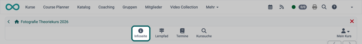 Link Infoseite mit Info-Symbol als erstes Werkzeug der Kurstoolbar markiert