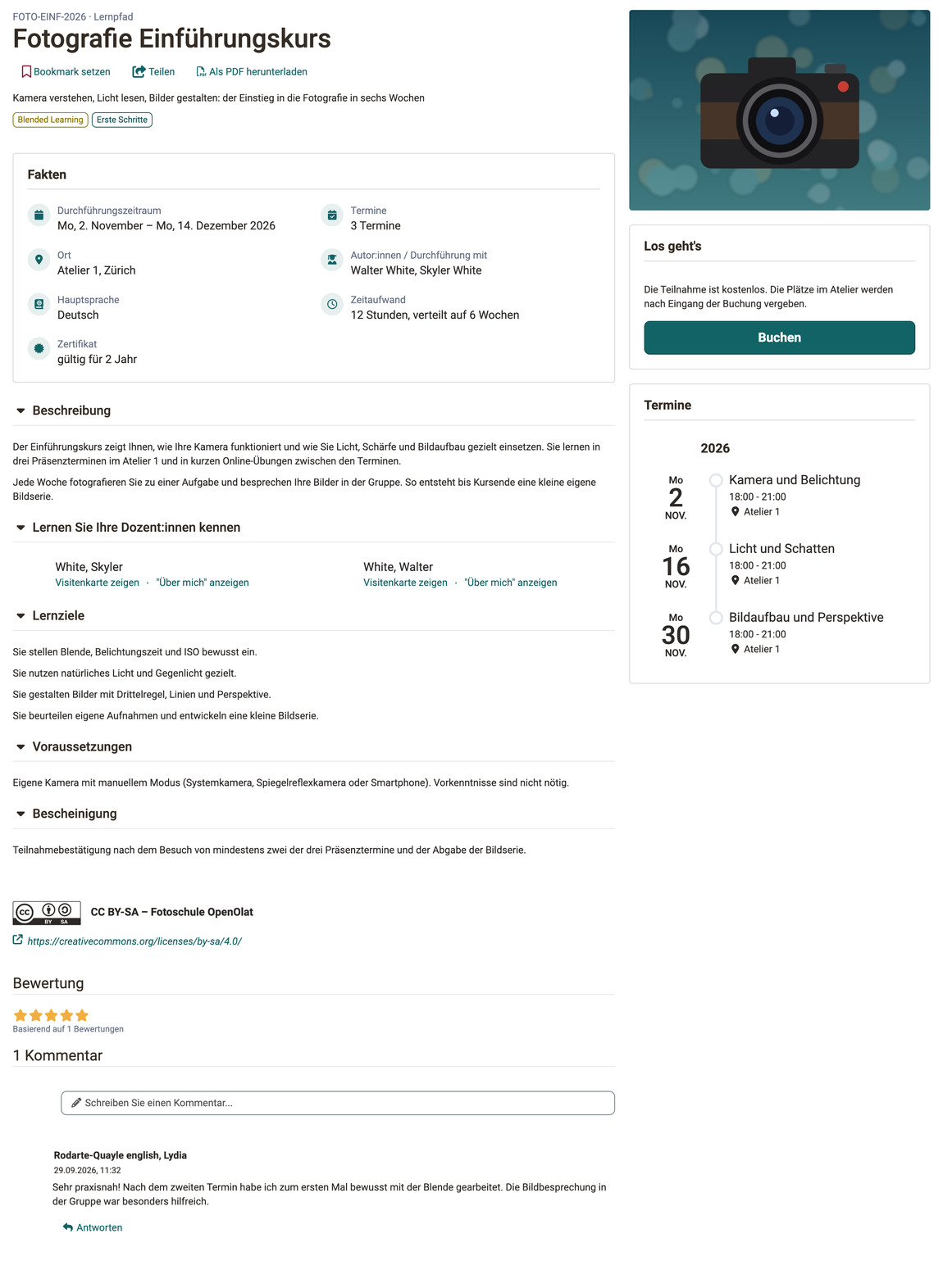 Infoseite eines Kurses mit Aktionen, Fakten, Abschnitten, Los geht's mit Buchen, Terminen, Lizenz, Bewertung und Kommentar