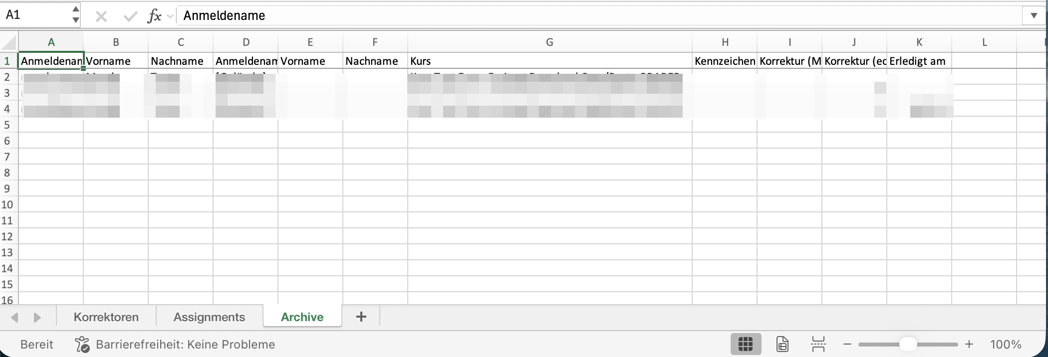 Excel-Report des Korrektur-Workflows mit der Reiterleiste "Korrektoren", "Assignments" und "Archive": Der aktive Reiter "Archive" führt je Zeile die Spalten Anmeldename, Vorname, Nachname, Kurs, Kennzeichen, Korrekturzeit und "Erledigt am" auf.