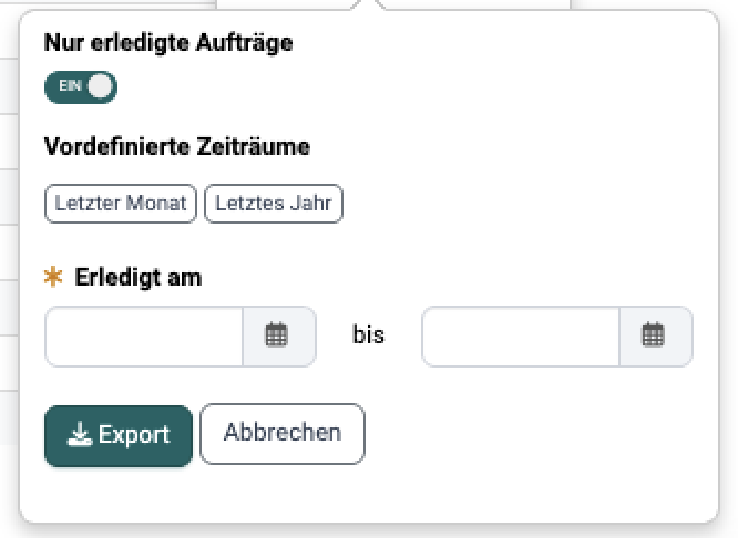 Dialog Report herunterladen im Tab Korrektoren: Der Schalter "Nur erledigte Aufträge" ist eingeschaltet, darunter die Zeiträume "Letzter Monat" und "Letztes Jahr" sowie das Pflichtfeld "Erledigt am" mit Von- und Bis-Datum.