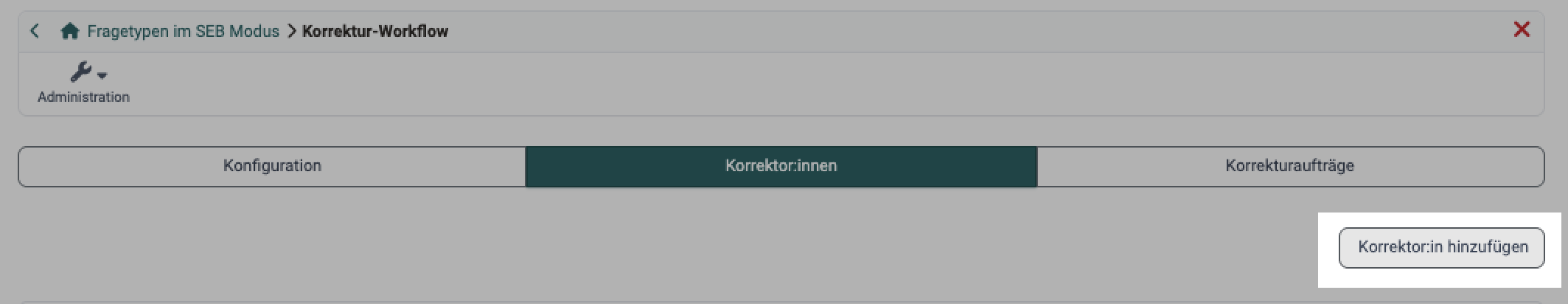 Tab "Korrektor:innen" im Menü Korrektur-Workflow einer Test-Lernressource: Neben den Tabs "Konfiguration" und "Korrekturaufträge" öffnet der Button "Korrektor:in hinzufügen" die Auswahl der Personen, die den Test bewerten.