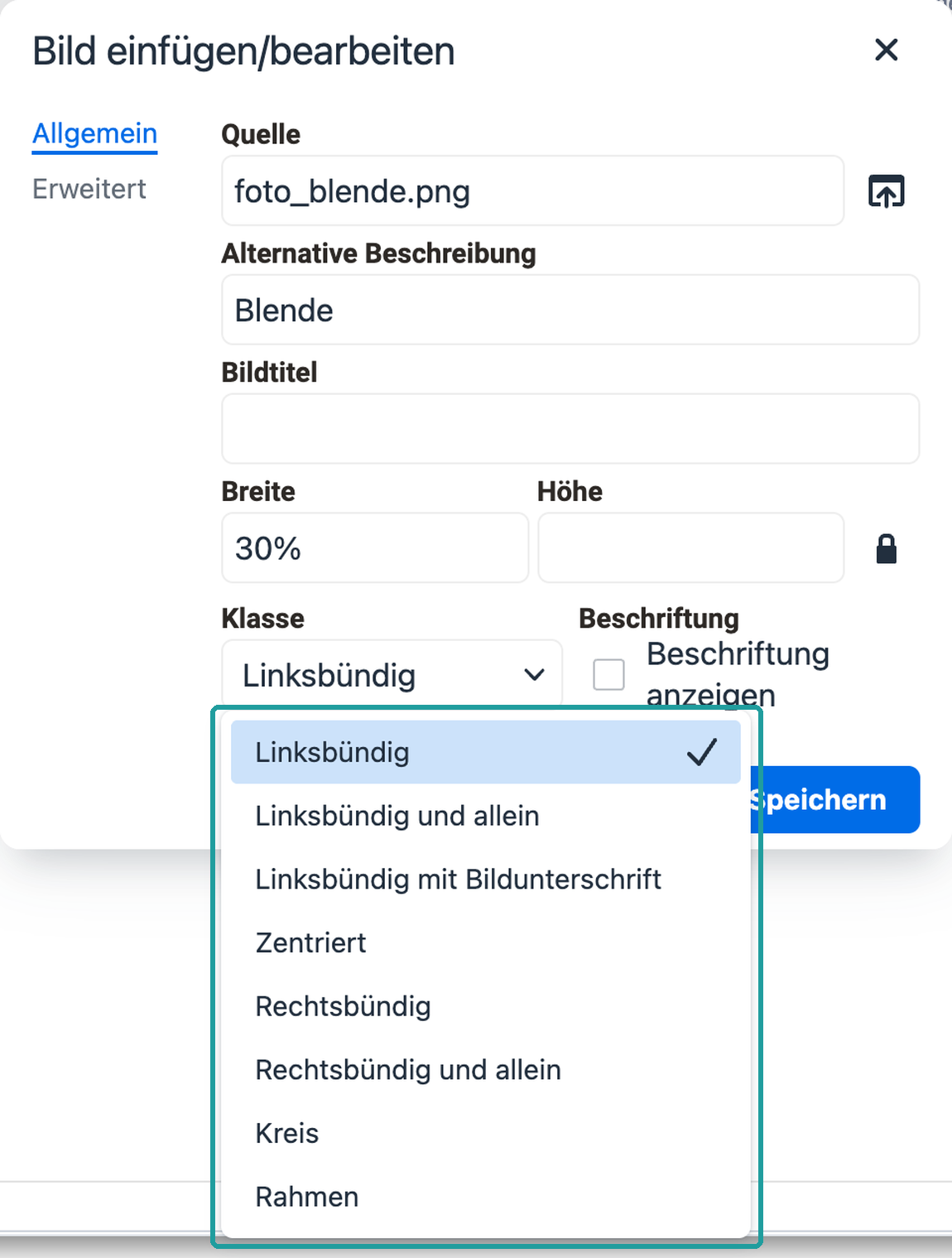 Klassenliste mit Linksbündig, Zentriert und Rechtsbündig geöffnet, im Tab Allgemein des Dialogs zum Einfügen eines Bildes