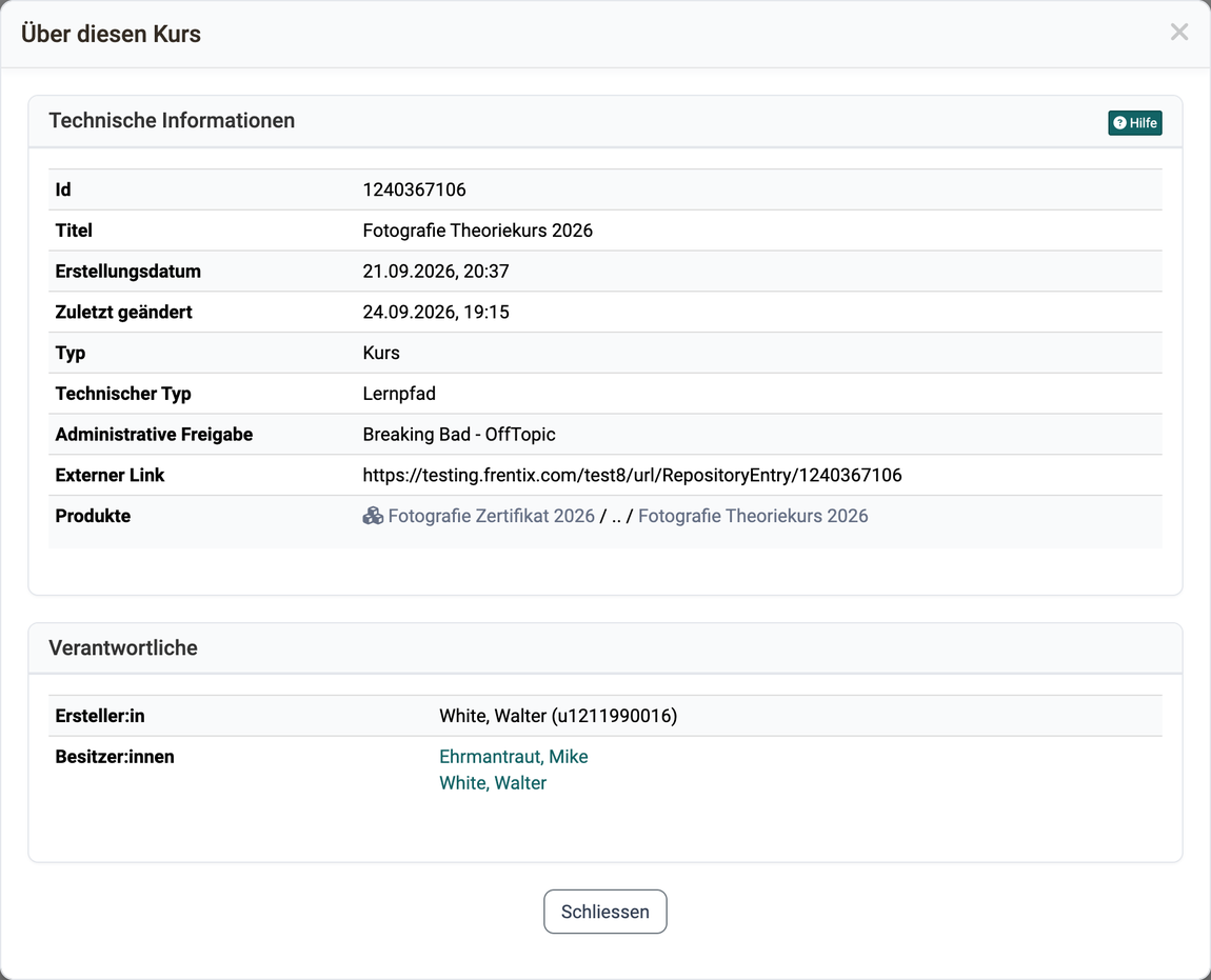 Bereiche Technische Informationen mit Id, Titel, Typ, Technischer Typ, Administrative Freigabe, Externer Link und Produkte sowie Verantwortliche mit Ersteller:in und Besitzer:innen