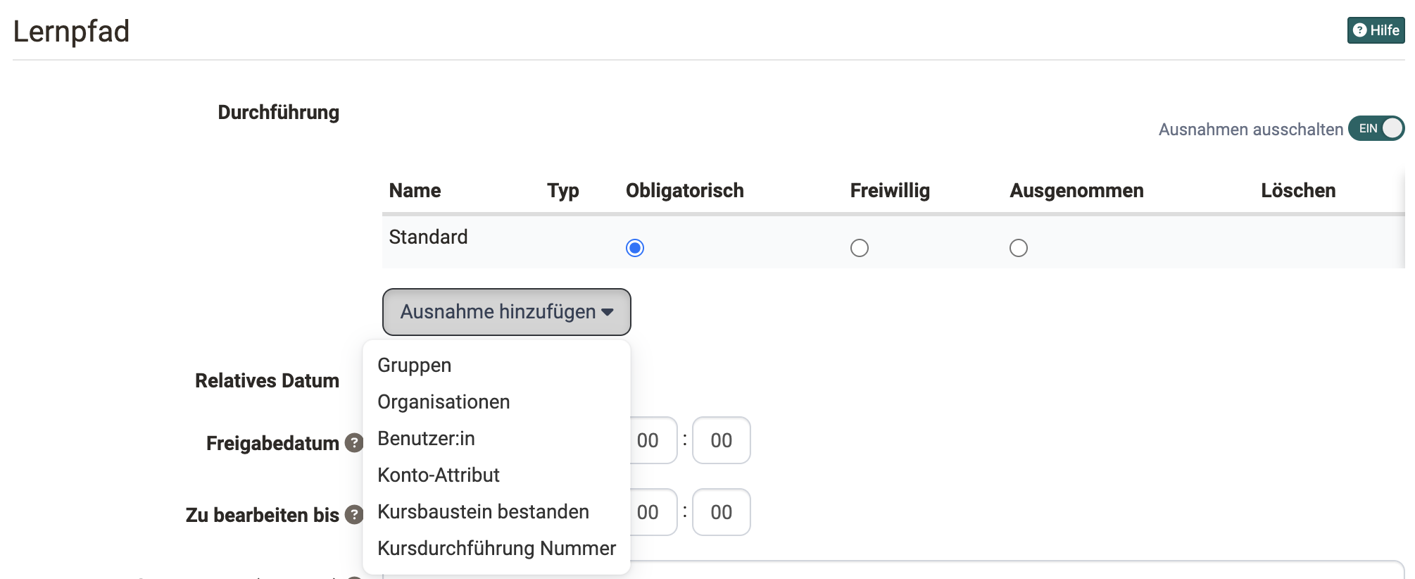 Button Ausnahme hinzufügen, aufgeklappt mit den Typen Gruppen, Organisationen, Benutzer:in, Konto-Attribut, Kursbaustein bestanden und Kursdurchführung Nummer, Tab Lernpfad im Kurseditor