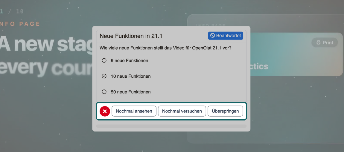 Falsch beantwortete Quizfrage im abgespielten Video, die Schaltflächen Nochmal ansehen, Nochmal versuchen und Überspringen markiert