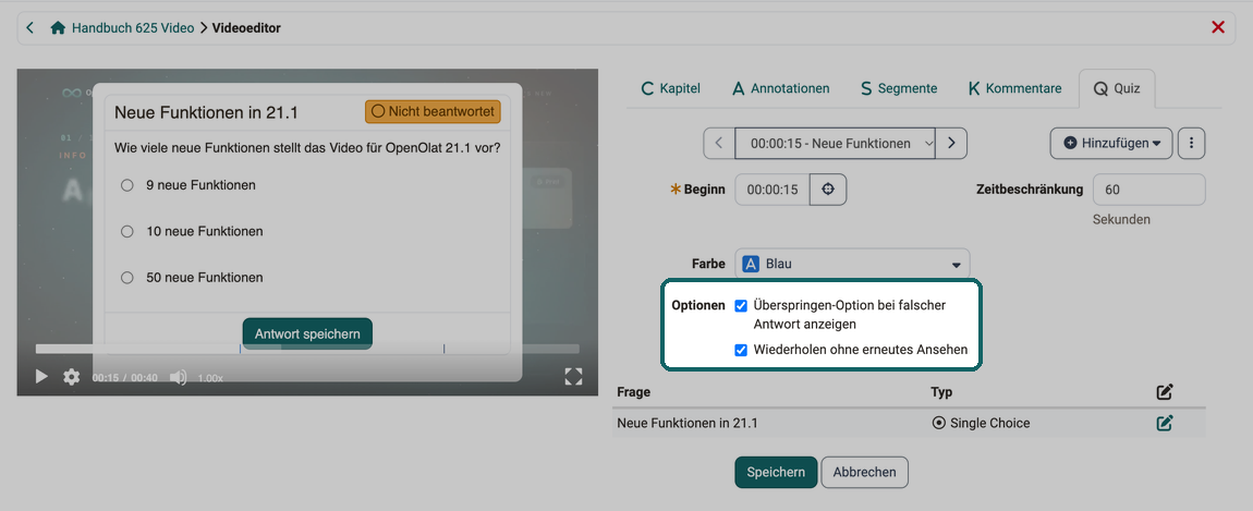 Konfiguration einer Quizfrage mit Beginn, Zeitbeschränkung und Farbe, die beiden eingeschalteten Optionen markiert, darunter die Tabelle mit Frage und Typ