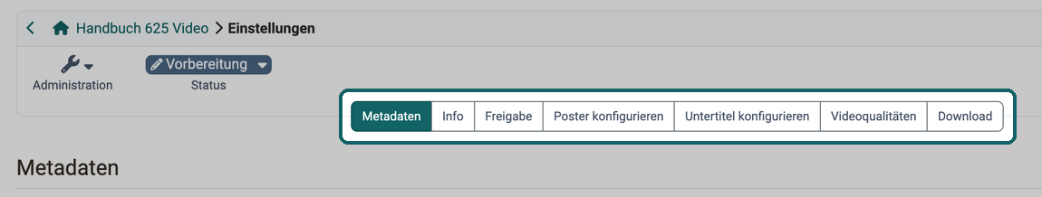 Reiterleiste der Einstellungen markiert, sieben Tabs von "Metadaten" bis "Download", darunter "Poster konfigurieren", "Untertitel konfigurieren" und "Videoqualitäten"