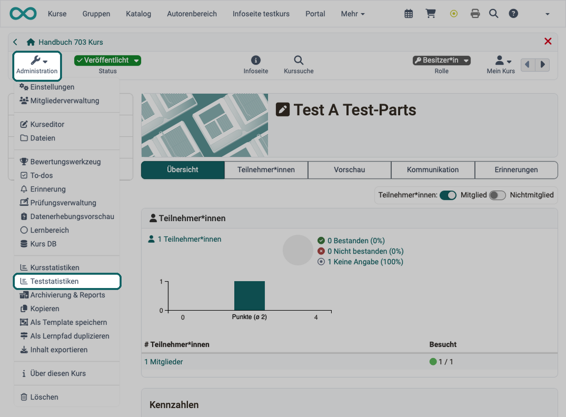 Menüpunkt Teststatistiken im geöffneten Menü Administration eines Kurses markiert