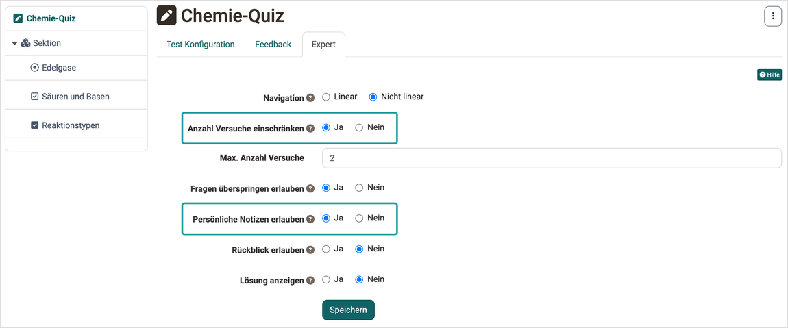 Tab Expert im Testeditor Anzahl Versuche einschränken mit maximal 2 Versuchen und Persönliche Notizen erlauben