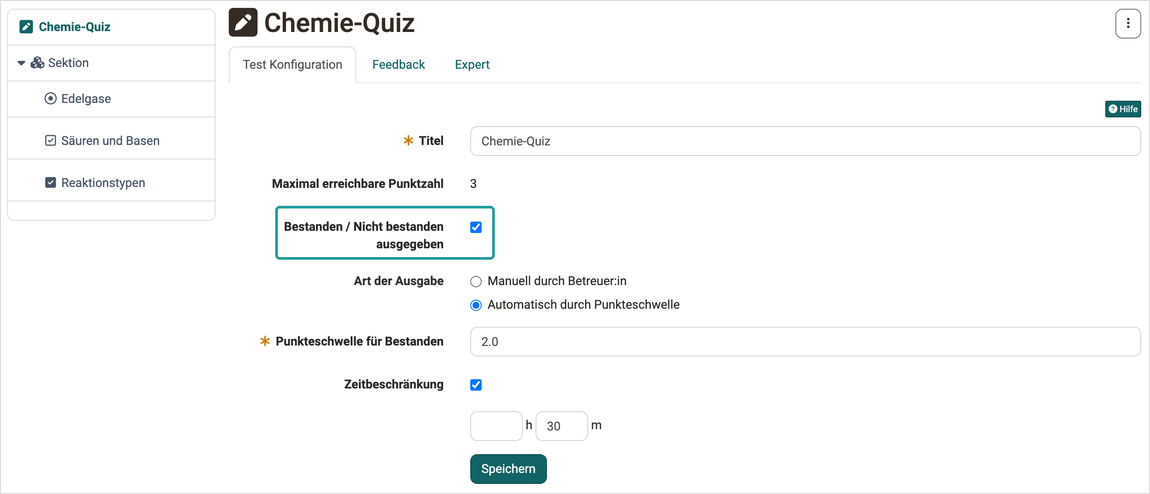 Tab Test Konfiguration im Testeditor Bestanden / Nicht bestanden ausgegeben mit Punkteschwelle und Zeitbeschränkung