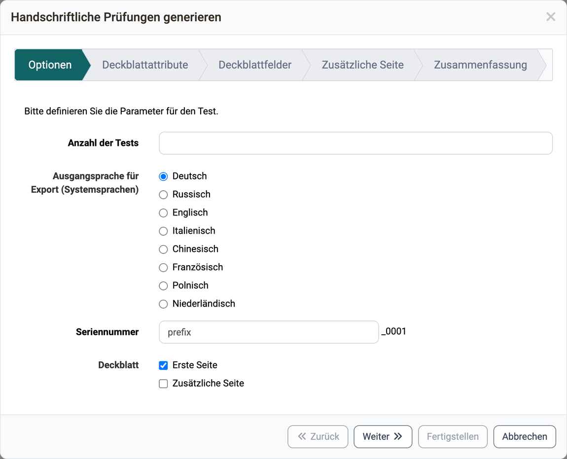 Pflichtfelder Anzahl der Tests und Seriennummer, darunter die Wahl der Sprache und unter Deckblatt die Optionen Erste Seite und Zusätzliche Seite