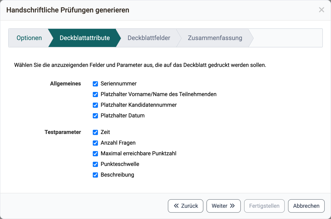 Unter Allgemeines die Seriennummer und die Platzhalter für Name, Kandidatennummer und Datum, unter Testparameter Zeit, Anzahl Fragen, Punktzahl, Punkteschwelle und Beschreibung
