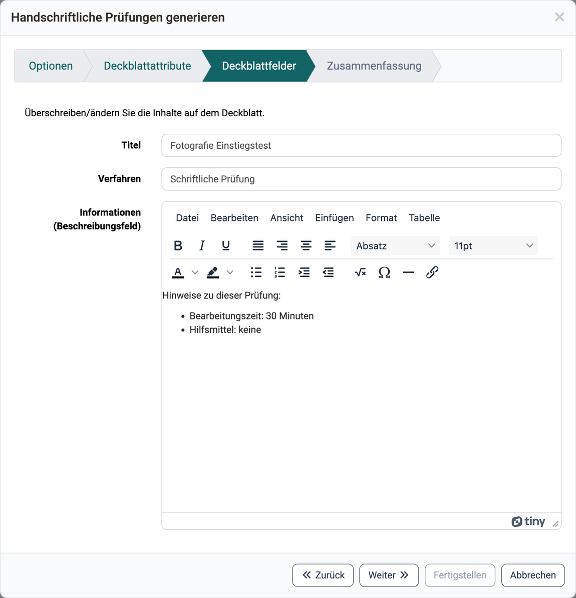 Titel und Verfahren des Deckblatts als Textfelder, darunter der Texteditor für die Hinweise zur Prüfung