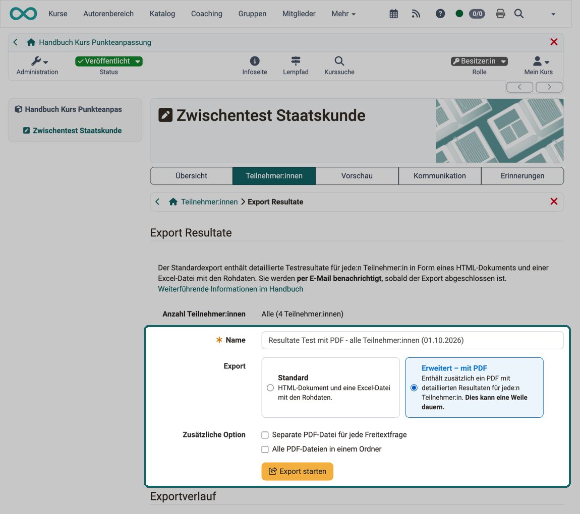 Variante "Erweitert – mit PDF" gewählt, darunter die Zusätzliche Option mit beiden Kontrollkästchen, markiert zusammen mit Name und Button Export starten