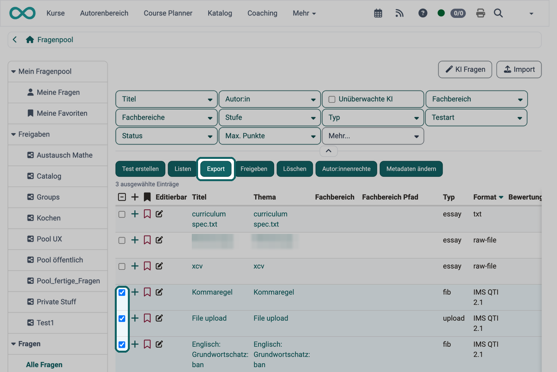 Drei ausgewählte Fragen im Format IMS QTI 2.1 und der Button Export über der Liste markiert