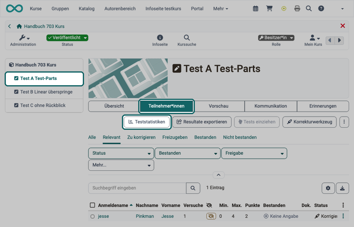 Button Teststatistiken über der Liste der Teilnehmenden markiert