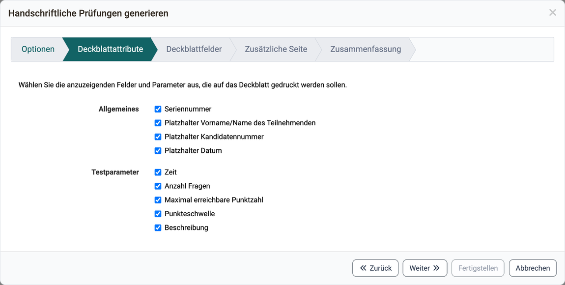 Attributgruppen Allgemeines und Testparameter zur Auswahl für das Deckblatt, alle angehakt