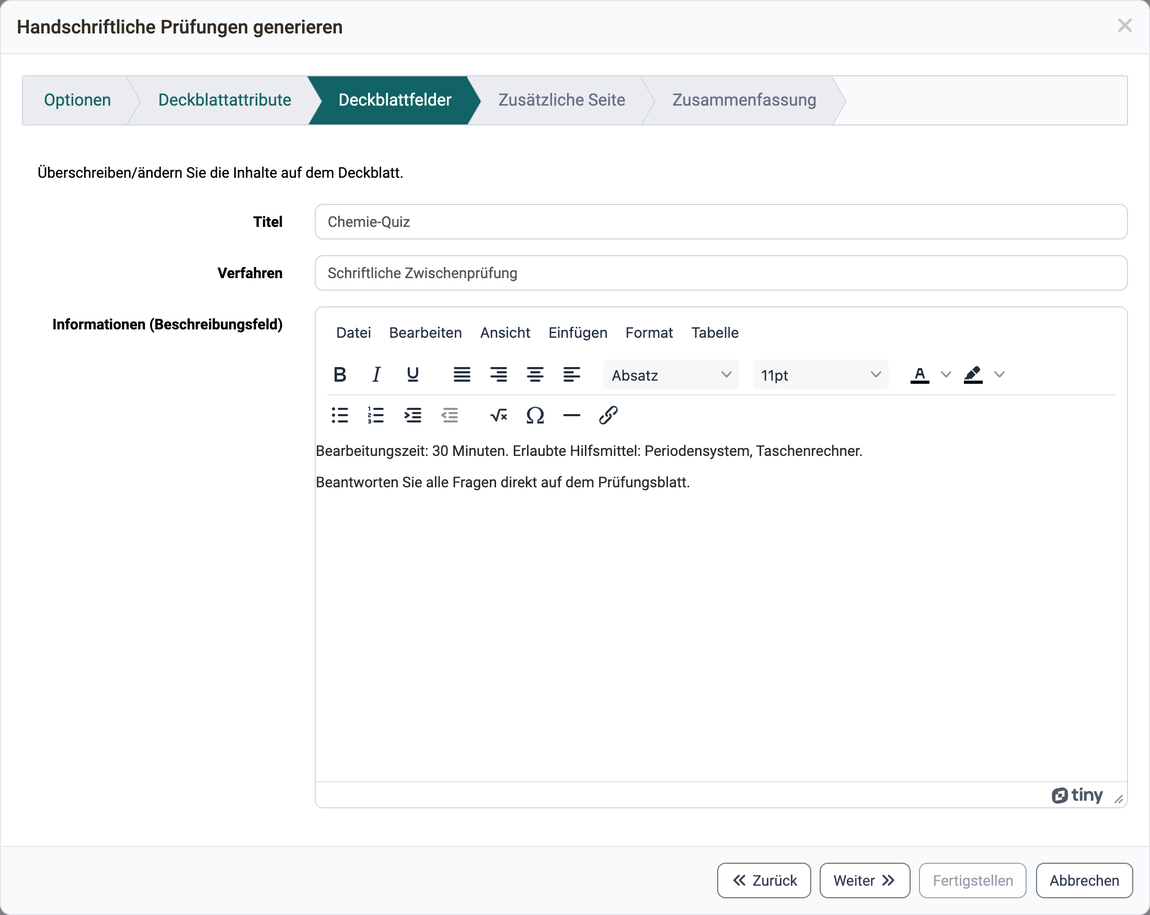 Die Felder "Titel" und "Verfahren" sowie das Feld "Informationen (Beschreibungsfeld)" mit HTML-Editor, überschreibbar für das Deckblatt
