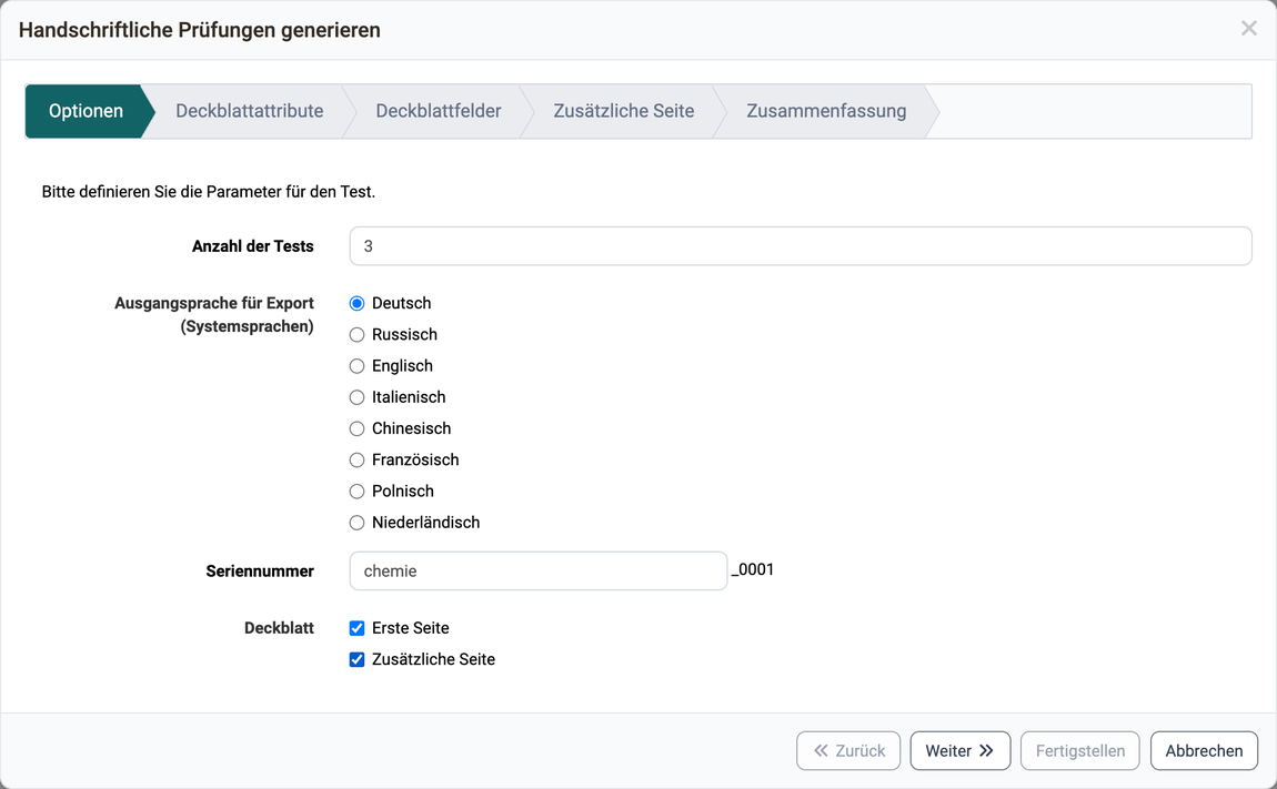 Schritt Optionen mit den Feldern "Anzahl der Tests", "Ausgangsprache für Export" und "Seriennummer" sowie der Auswahl "Erste Seite" und "Zusätzliche Seite" unter Deckblatt
