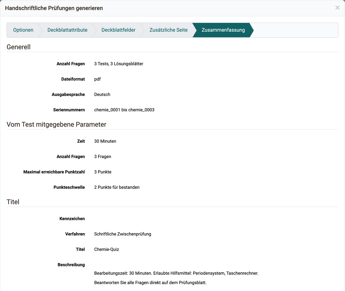 Anzahl Tests und Lösungsblätter, Dateiformat, Ausgabesprache, Seriennummern, die vom Test mitgegebenen Parameter und die Angaben für das Deckblatt