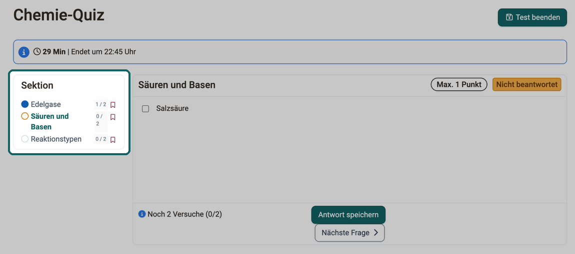 Fragenübersicht markiert mit beantworteter, angezeigter und noch nicht angeschauter Frage, je mit Zahl der Versuche