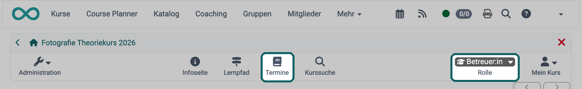 Das Icon Termine in der Kurs-Toolbar öffnet die Terminliste, die Rolle zeigt Betreuer:in