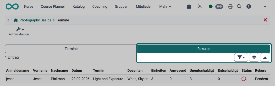 Im Tab Rekurse stehen die eingereichten Rekurse, der Filter rechts über der Liste grenzt sie nach ihrem Stand ein